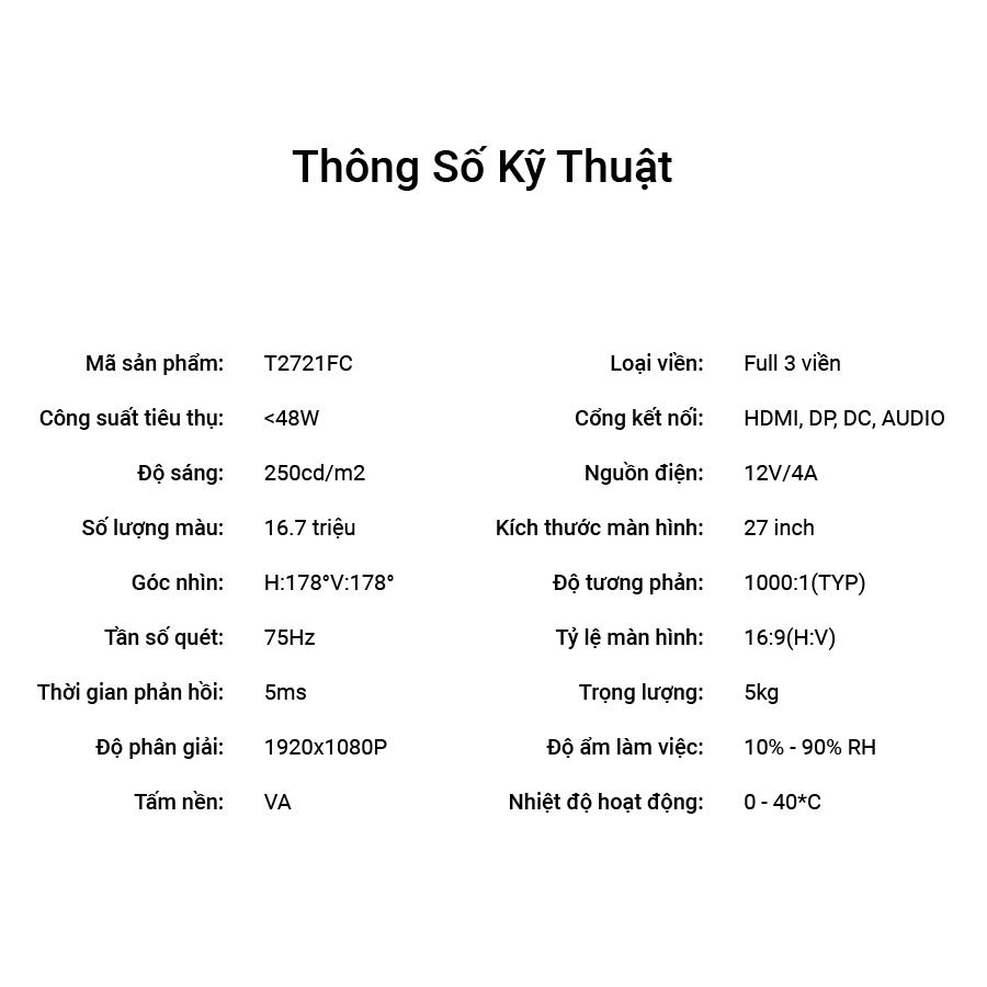 Màn hình máy tính cong Full Viền - 27 inch 75Hz Tomko T272FC , Mới 100% chính hãng - TOMKO