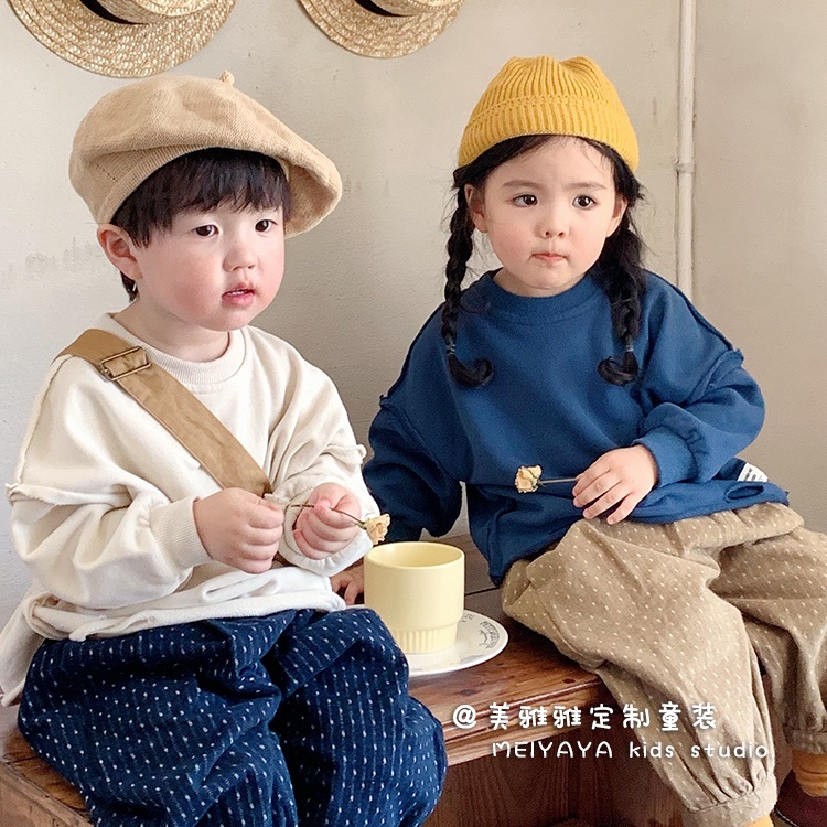 [Hàng Có Sẵn Mới Về] Set Áo Sweatshirt Phối Rách Phong Cách Hàn Quốc Cho Bé Trai Và Bé Gái