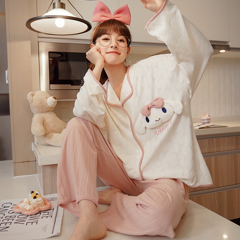 HÀNG SẴN_Bộ Ngủ Pyjama Dài Tay Cotton Viền Vân Sóng Nữ Tính Thu Đông 2022
