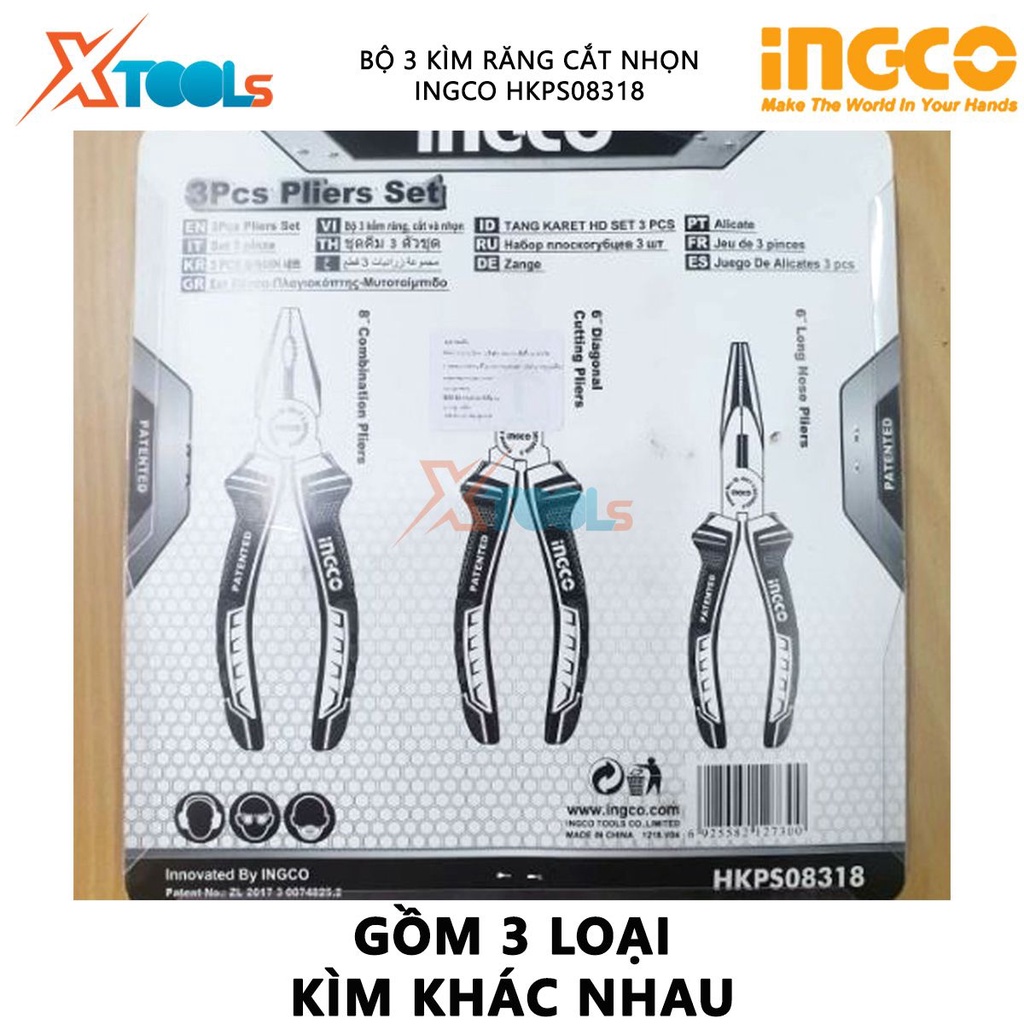 Bộ 3 kìm răng, cắt và nhọn INGCO HKPS08318 | Kìm mũi kim hỗ trợ cắt dây, Kẹp đai ốc, Cắt viền, Kẹp dây Uốn  [CHÍNH HÃNG]