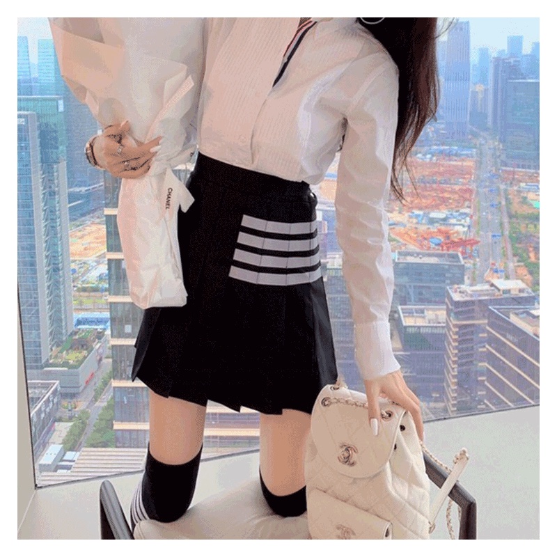 Chân váy SUXI thiết kế xếp ly dáng ngắn lưng cao họa tiết kẻ sọc phong cách Hàn Quốc cho nữ
