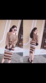 Set len váy kẻ QC
