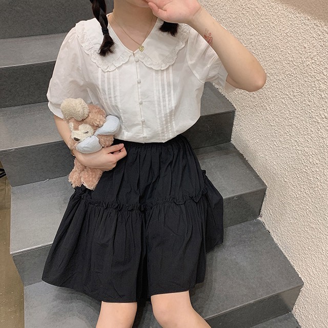 Áo sơ mi nữ trắng cộc tay bồng, cúc bọc cổ sen, Áo sơ mi trắng cộc tay cúc bọc cổ bèo ngắn tay bo [AMANDA]