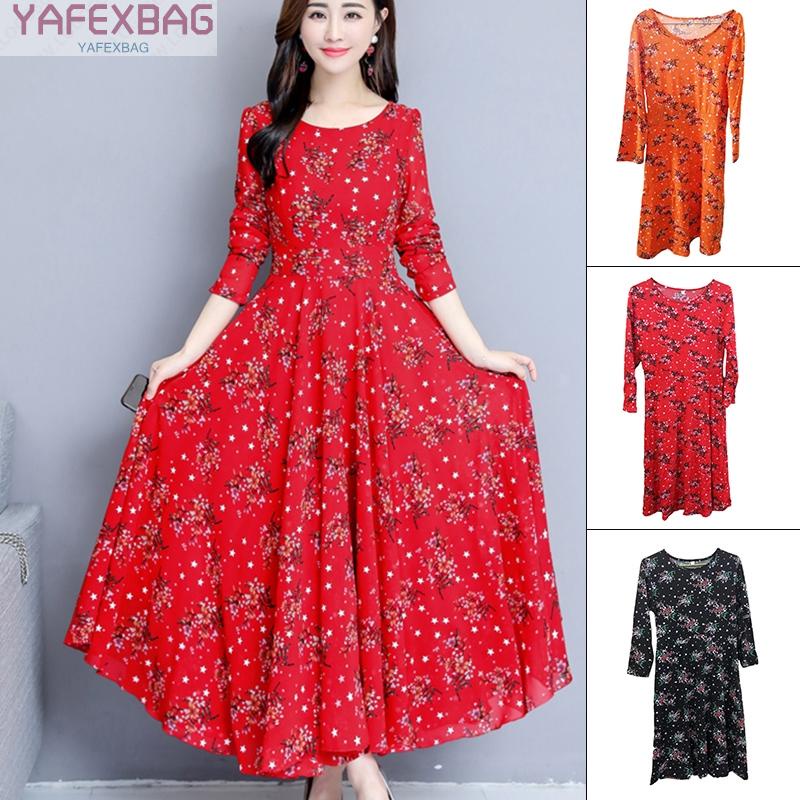 Korean version of the new  Summer Womens Casual Round Neck Long Sleeve Waist Floral Printing Long Dress