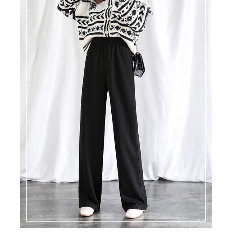 Quần dài nữ len tăm dáng suông - Culottes ống rộng cạp chun vintage màu ĐEN | TRẮNG phong cách ulzzang