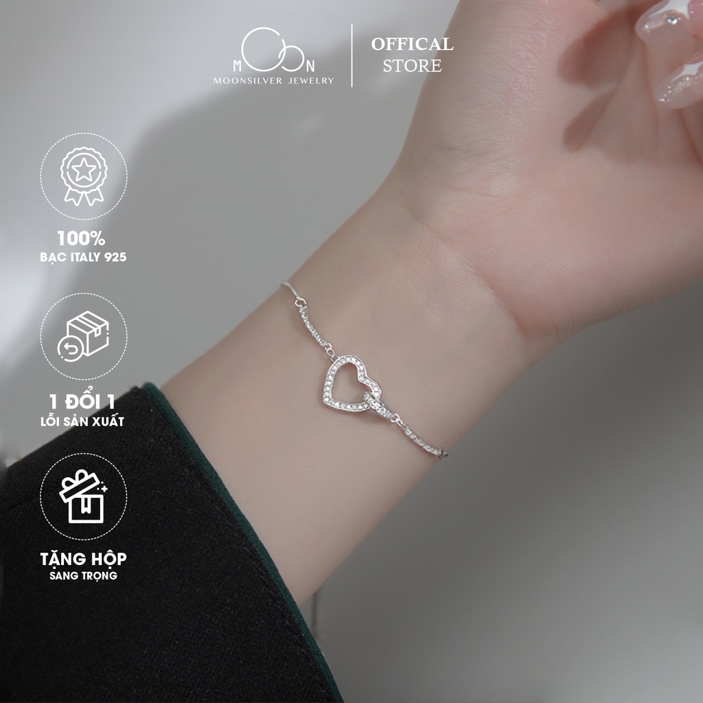 Lắc tay bạc hình trái tim dây rút bi, vòng tay bạc nữ Moonsilver cao cấp chuẩn bạc ý 925