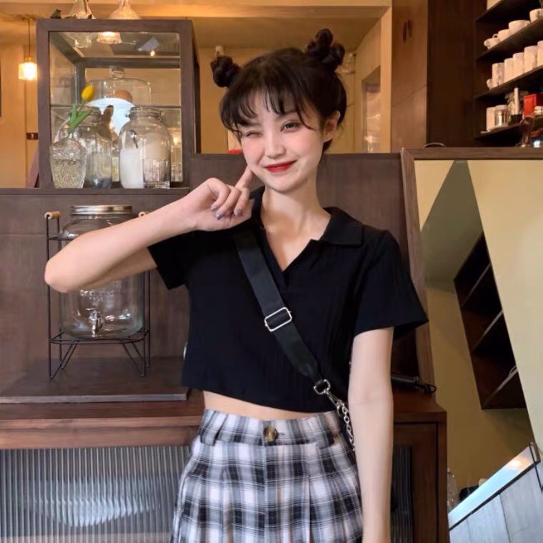 Áo croptop cổ bẻ tay ngắn kiểu cổ polo chất thun lạnh