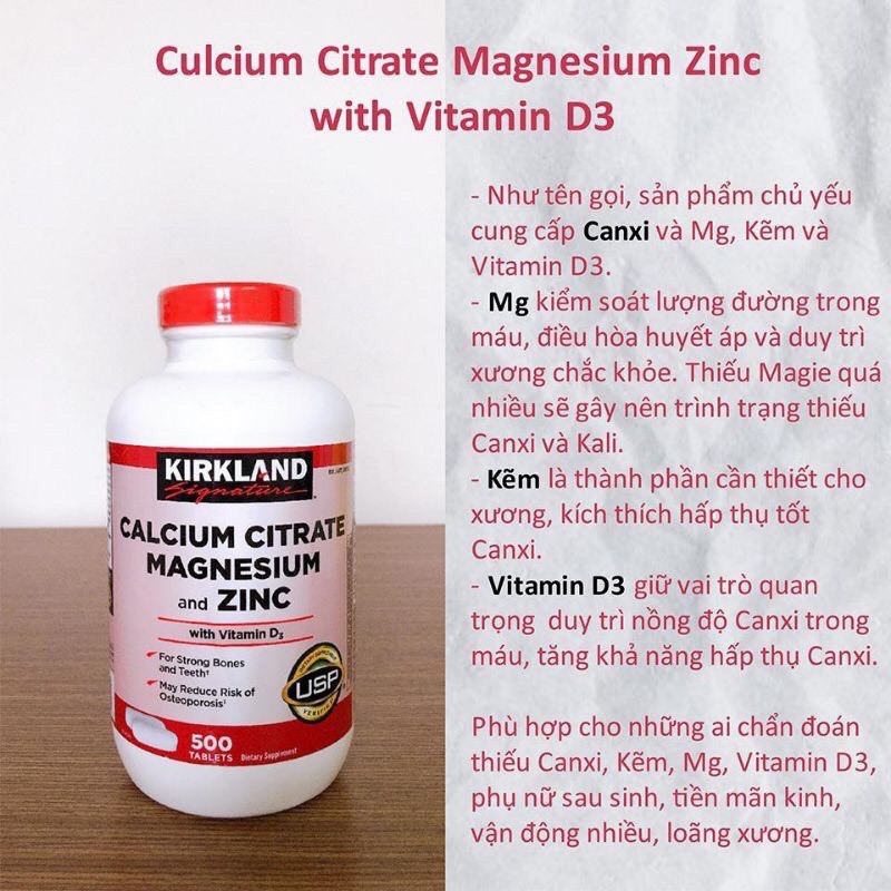 Viên uống Kirkland Calcium Citrate Magnesium and Zinc 500 viên USA