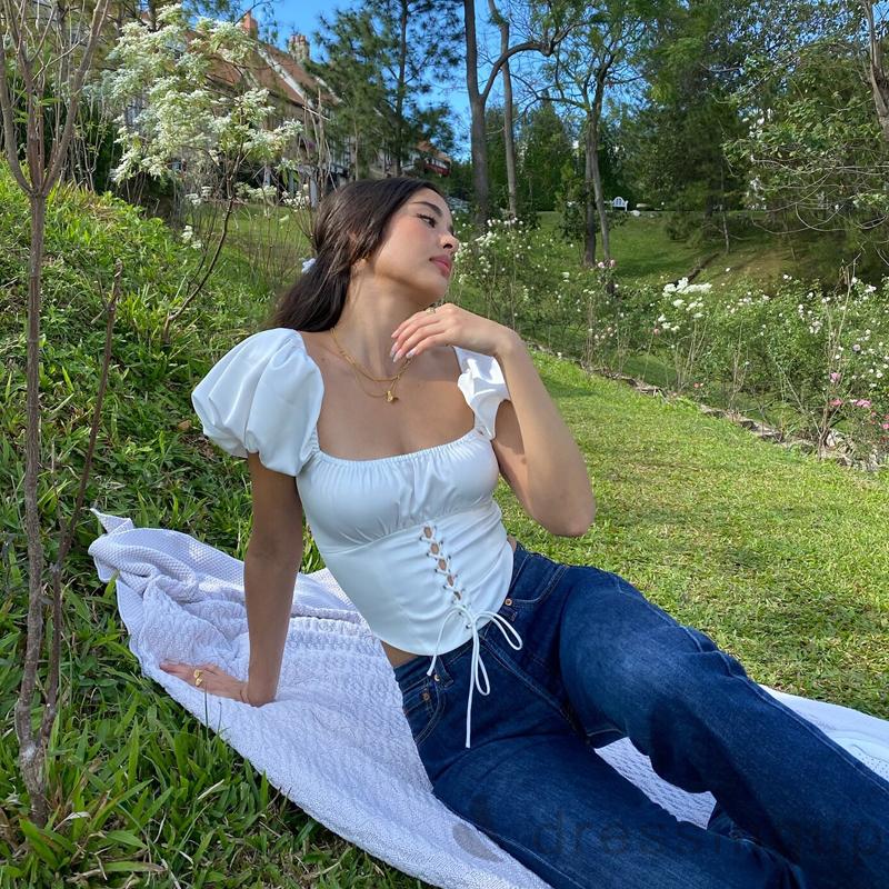 Áo Lửng Tay Phồng Màu Trơn Phong Cách Hàn Quốc Dành Cho Nữ