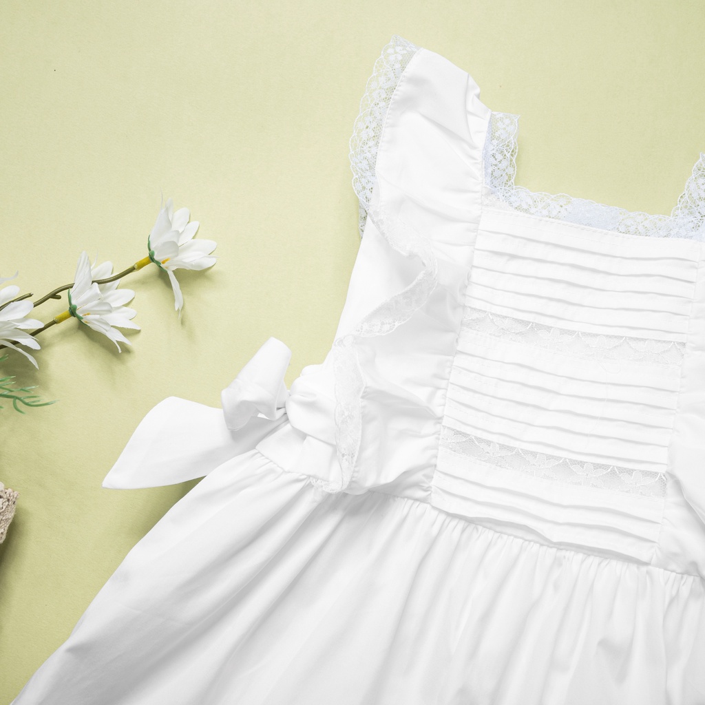 Đầm trắng bé gái tiểu thư xếp ply phối ren cotton cao cấp kiểu dáng cổ điển châu âu Pansies Kids