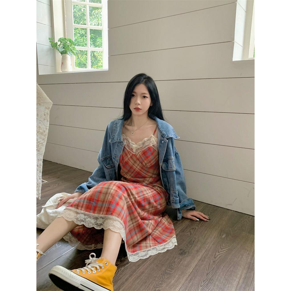 Đầm Hai Dây Phối Ren Họa Tiết Sọc Caro Thời Trang Mùa Hè Hàng Mới Dành Cho Bạn Nữ