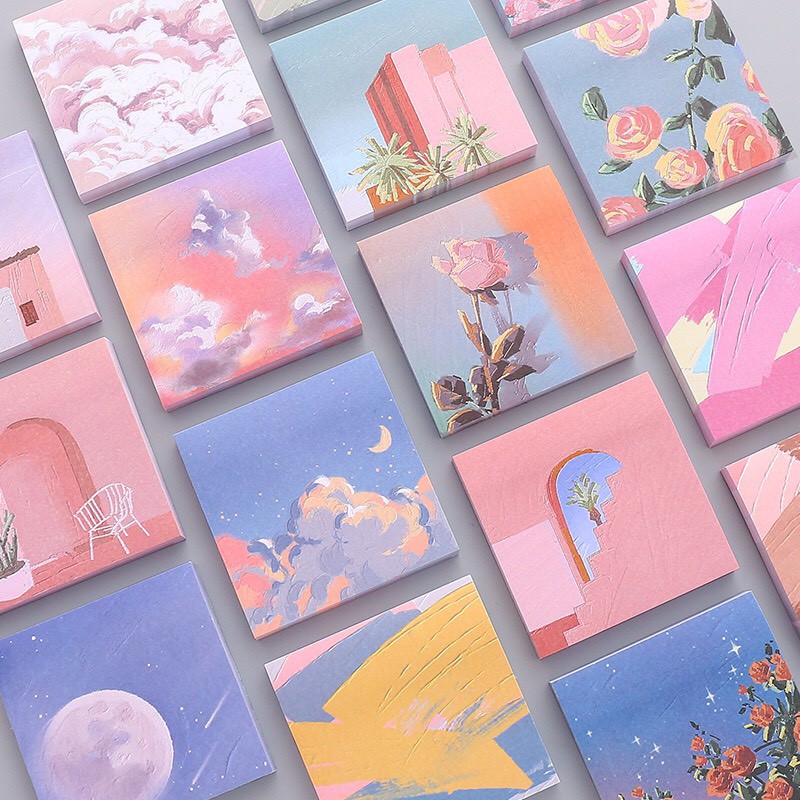 Giấy Note ghi chú tranh vẽ phong cảnh 1 mặt trắng sấp 80 tờ màu pastel xinh xắn vintage Cuahangso24