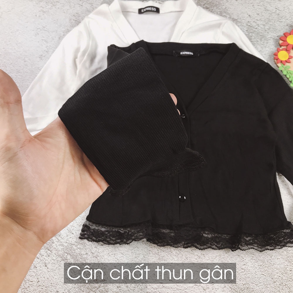 Áo croptop tay dài cổ V dáng ôm cài nút trơn phối ren C241