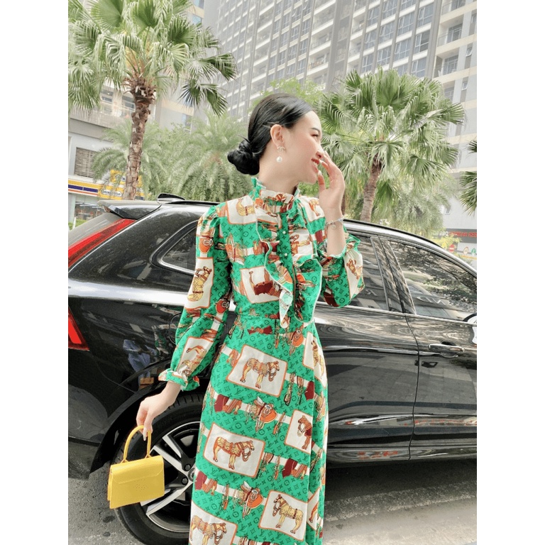 (Free ship) Mẫu Cực HOT-- Mẫu THiết Kế Hợp Thời Trang | Đầm Lụa Cổ Cao Tay Dài In Họa Tiết  UP VLTN Shop