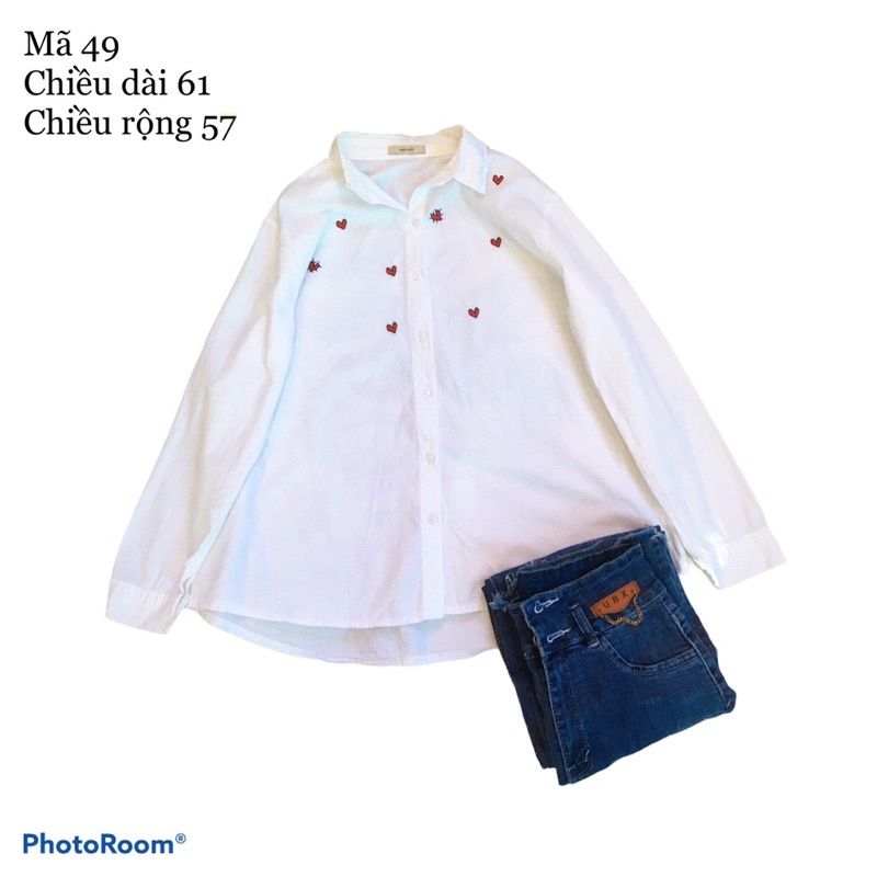 Áo Sơ Mi Trắng Thêu Trái tim 2hand - Sơ Mi Hàn Quốc, sơ mi form rộng hiệu Van Ake (mã 49)