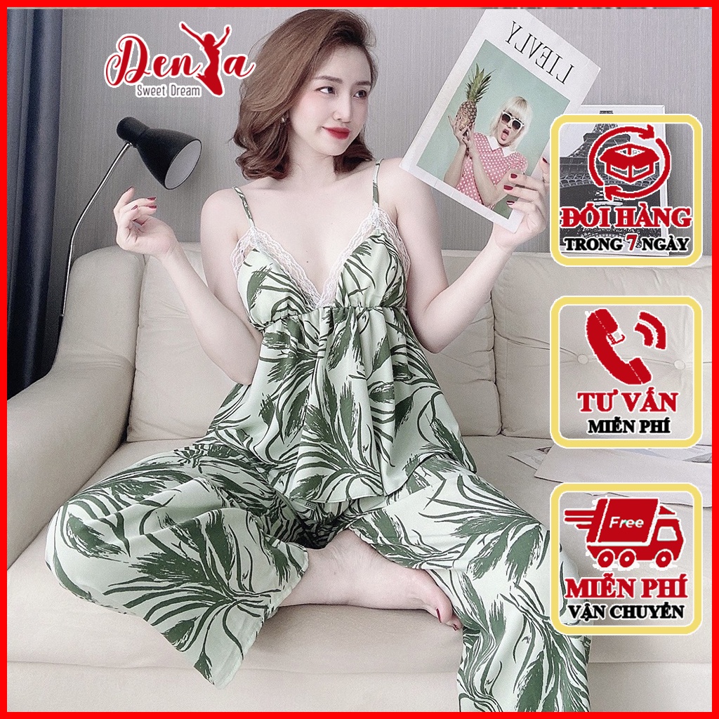 Đồ ngủ lụa DenYa 2 dây tăng đơ có mút cột dây phía sau, quần dài lụa mango họa tiết sang trọng DN39