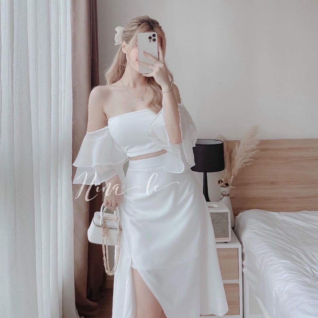 Set váy midi dài kèm áo crop cúp ngực tay phồng cá tính màu trắng
