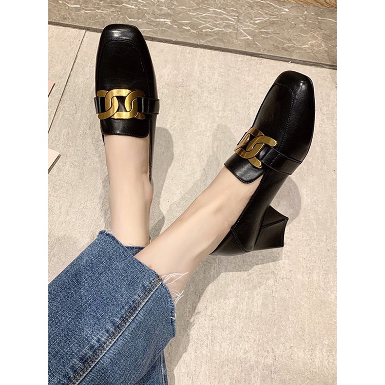 Giày Loafer công sở mũi vuông da mềm cao gót 5cm phối xích phong cách Hàn quốc