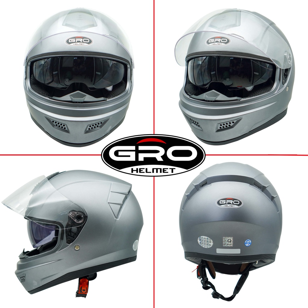 Mũ Bảo Hiểm Fullface GRO Helmet có kính chính hãng, thiết kế 2 kính, kiểu dáng mạnh mẽ cho nam - Xám Nhám