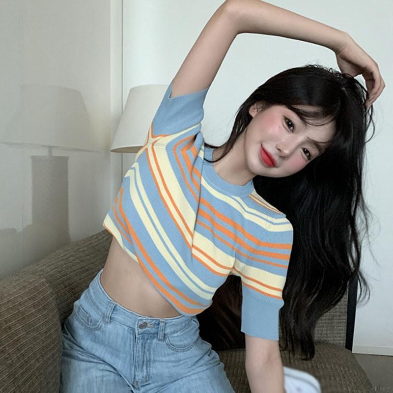 Áo Dệt Kim Ngắn Tay Kẻ Sọc Màu Cầu Vồng Đáng Yêu Kiểu Hàn Quốc
