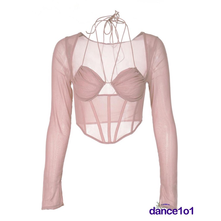 ❥Cu☆Áo Croptop Tay Dài Màu Trơn Phối Lưới Cổ Khoét Sâu Gợi Cảm Cho Nữ