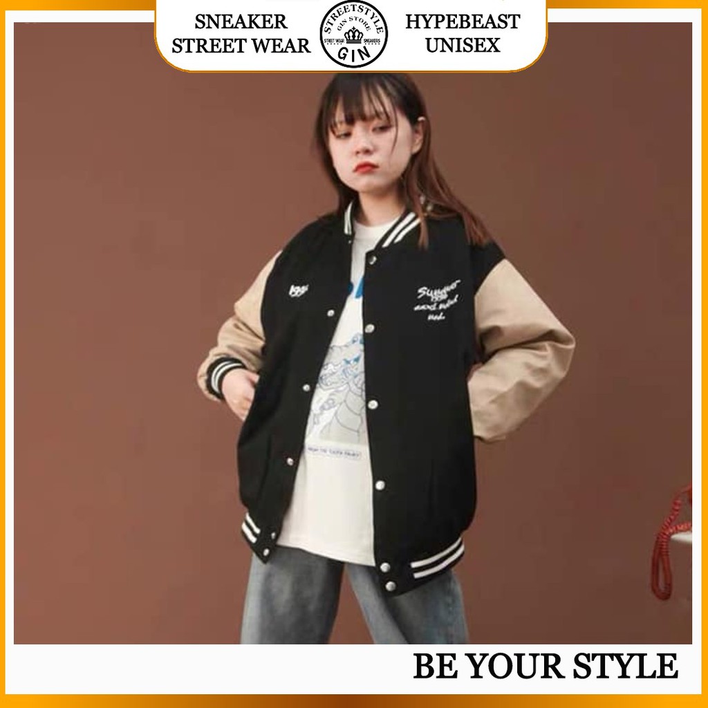 Áo khoác bomber nam nữ 199x oversize Áo bomber form rộng Áo khoác bóng chày unisex - Gin Store