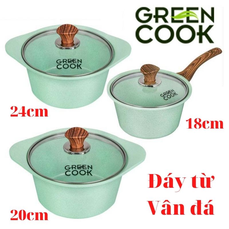 Nồi đúc Green Cook chống dính đáy từ men đá xanh ngọc công nghệ Hàn Quốc (18-20-24cm) - Hàng chính hãng