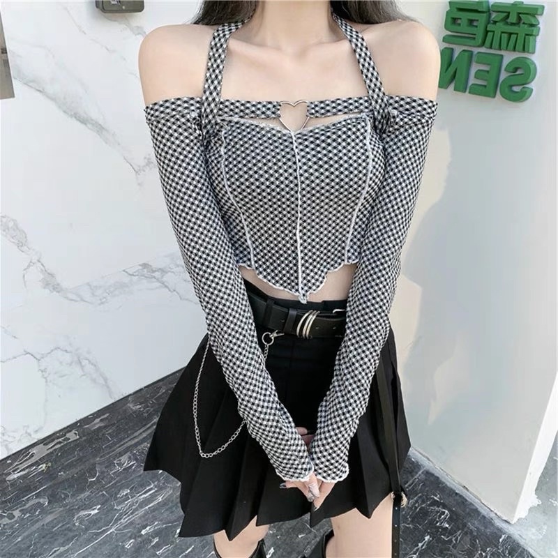 áo len dệt kim hoạ tiết caro kiểu trễ vai mix dây &amp; trái tim sexy (56305#)