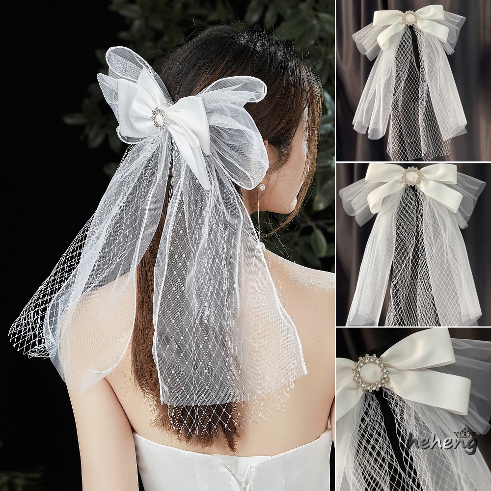 Kẹp Tóc Nơ Ngắn Đính Ngọc Trai Sang Trọng Cho Đám Cưới