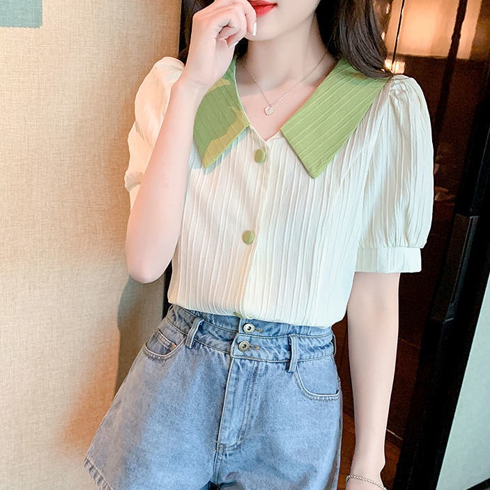 Áo Sơ Mi Tay Ngắn Phồng Cổ Bẻ Thời Trang Mùa Hè Phong Cách Mới Cho Nữ