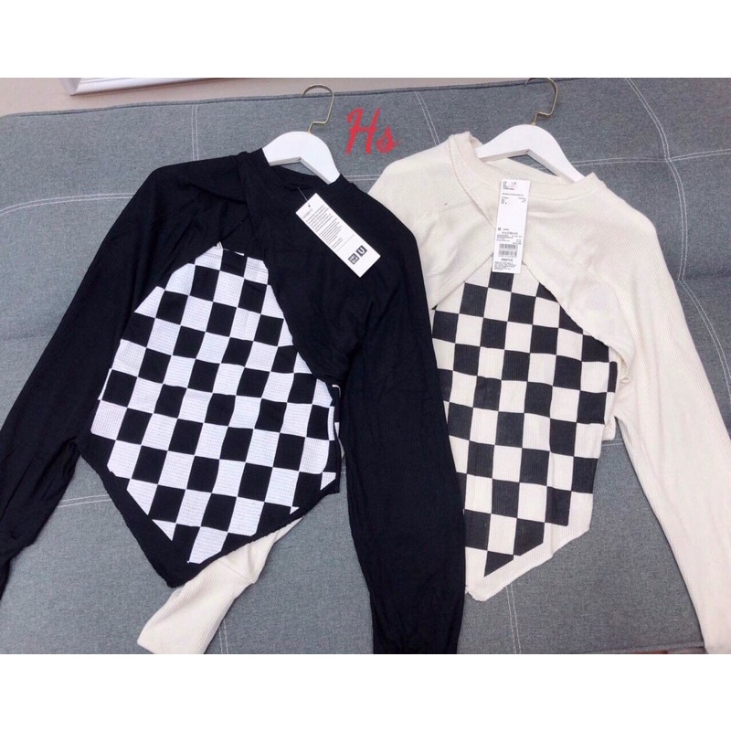 Set croptop 2 món yếm caro + áo croptop trên ngực dài tay nhảy dance