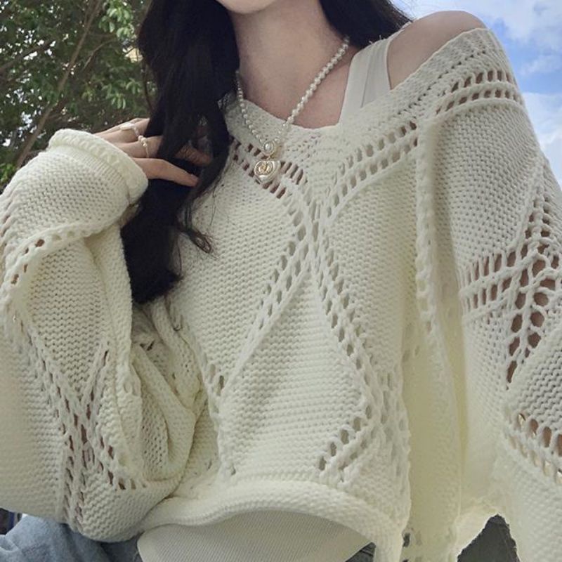 Áo Sweater Dệt Kim Tay Dài Cổ Chữ V Đính Đá Thời Trang Dành Cho Nữ