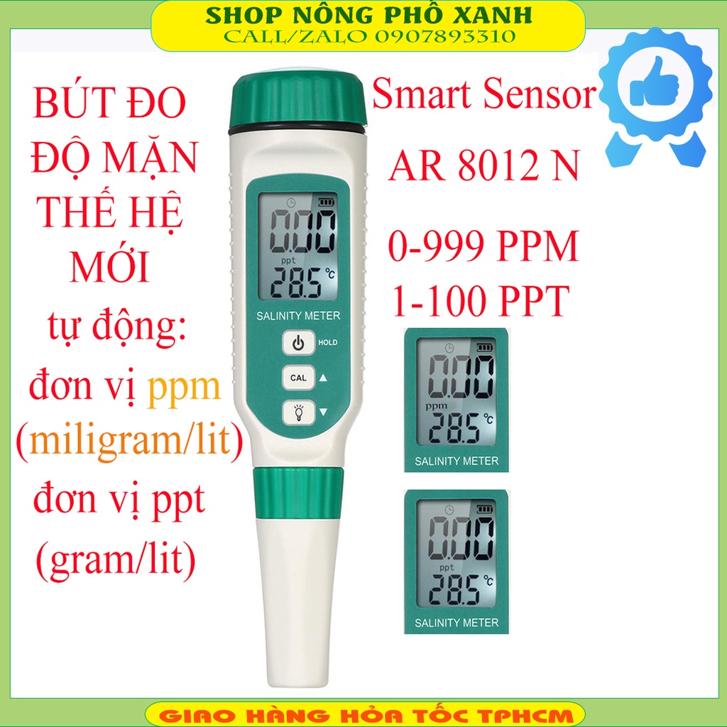 Máy đo độ mặn nước và nhiệt độ Smart Sensor AR8012N thủy sinh, nước uống, thực phẩm thang đo 0-100ppt độ chính xác cao