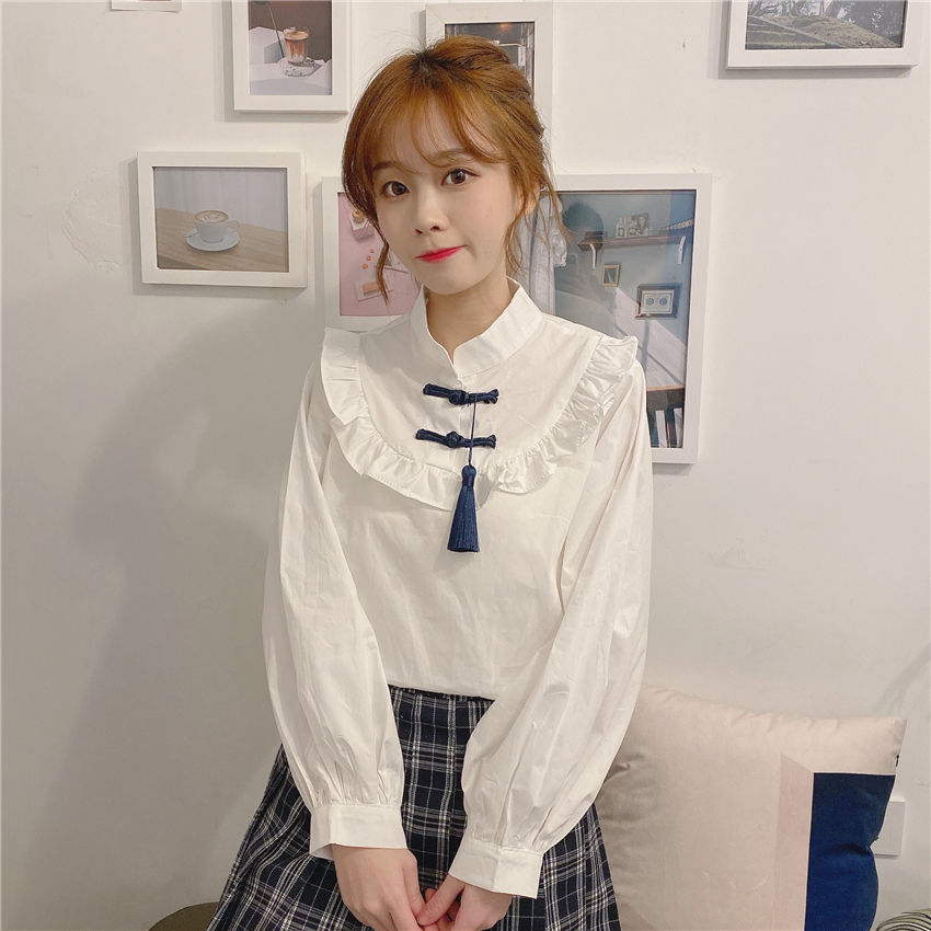 Áo nữ mỏng màu trắng dài tay có nút cài