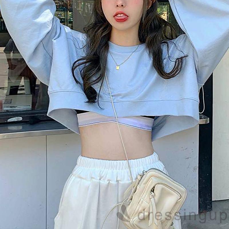 DRE-Women’s Casual Long Sleeve Fashion Solid Color Round Neck Exposed Navel T-shirt