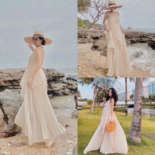 Đầm maxi đi du lịch biển , Đầm maxi dập ly xoè yếm cao cấp