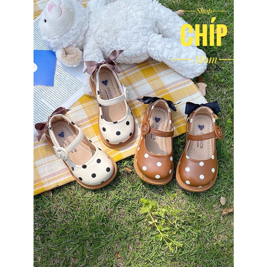 Giày búp bê bé gái sandal bít mũi cho bé da PU mềm chấm bi êm chân nơ lụa xinh xắn QCCC full hộp D11