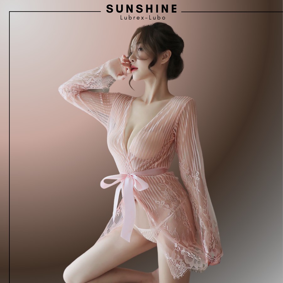 Áo choàng kimono Voan mỏng phối ren cao cấp kẻ sọc màu HỒNG SUNSHINE LUBREX-LUBO -SOC1066