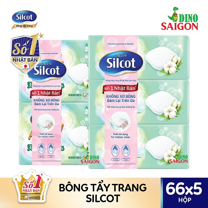 Combo 5 hộp Bông tẩy trang (bông trang điểm) cao cấp Silcot Premium 66 miếng/hộp