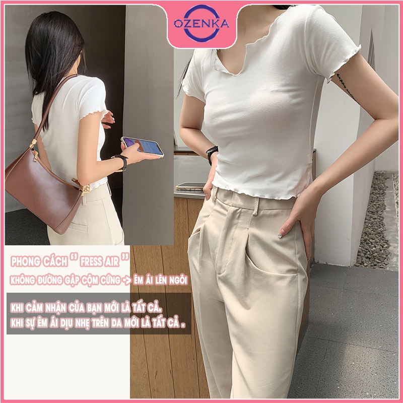 Áo croptop cộc tay ôm body fress air OZENKA , ao crt nữ phong cách tối giản thun gân 100% cotton màu đen trắng free size