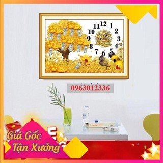 Tranh thêu chữ thập cây tài tộc đồng tiền vàng đồng hò KT: 70x50cm