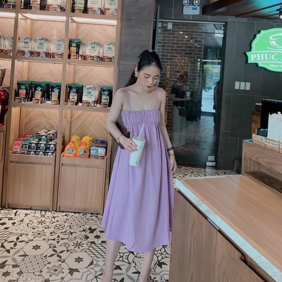 Đầm babydoll 2 dây nhún thun nút ngọc