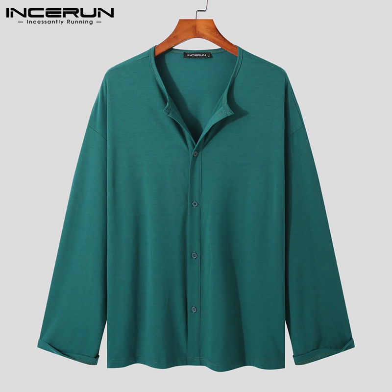 Áo sơ mi INCERUN tay dài dáng rộng thoải mái màu trơn cài khuy cho nam