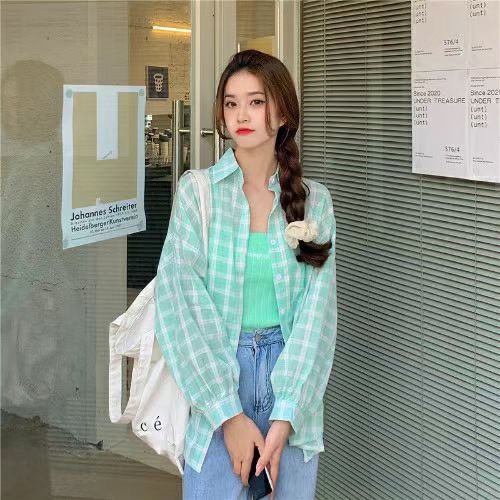 Aó sơ mi nữ,áo sơ mi dài tay kẻ phom rộng mùa hè 3 màu xinh xắn | BigBuy360 - bigbuy360.vn