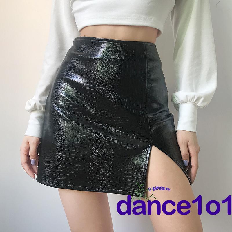 Chân váy da PU lưng cao màu trơn thiết kế xẻ tà thời trang quyến rũ cho nữ