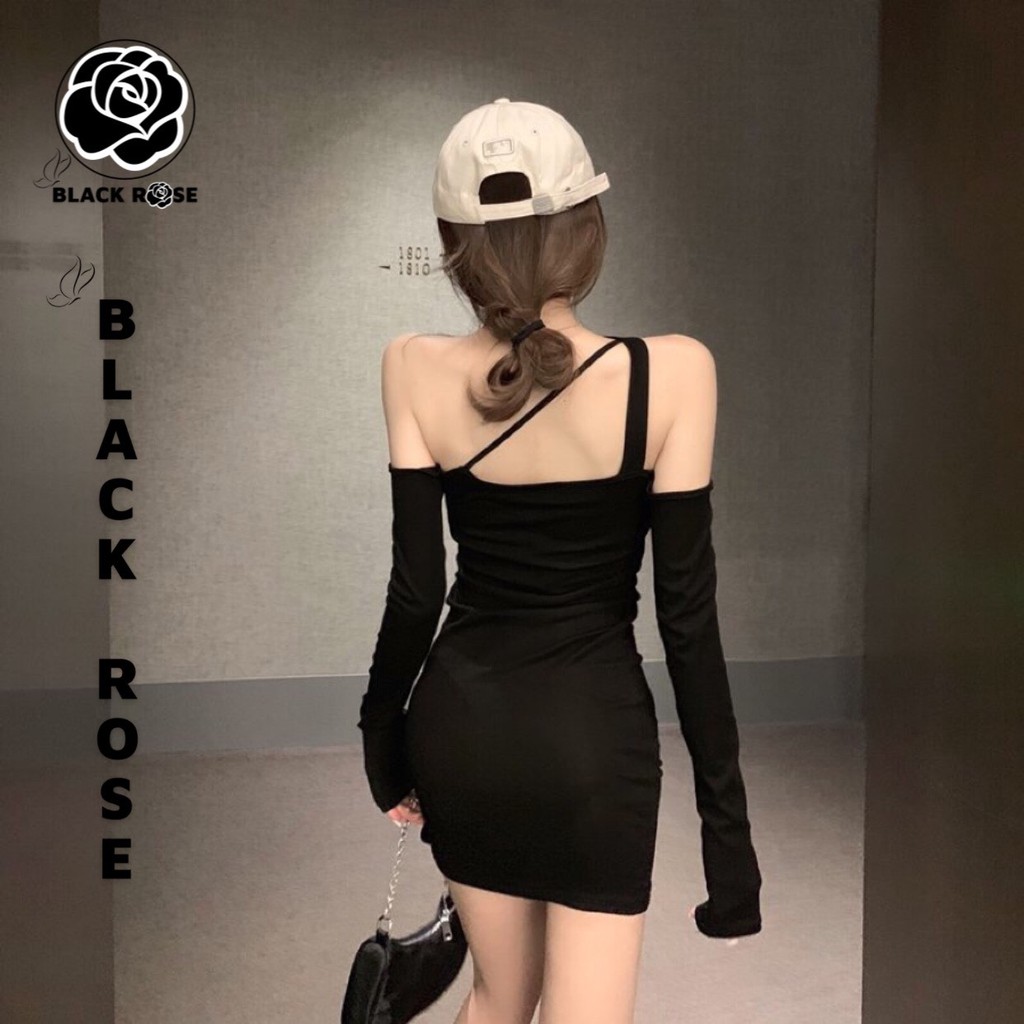 Váy Nữ Body Trễ Vai Dài Tay Black Rose Đầm Body Đen Cao Cấp Sexy- TẤM BOUTIQUE