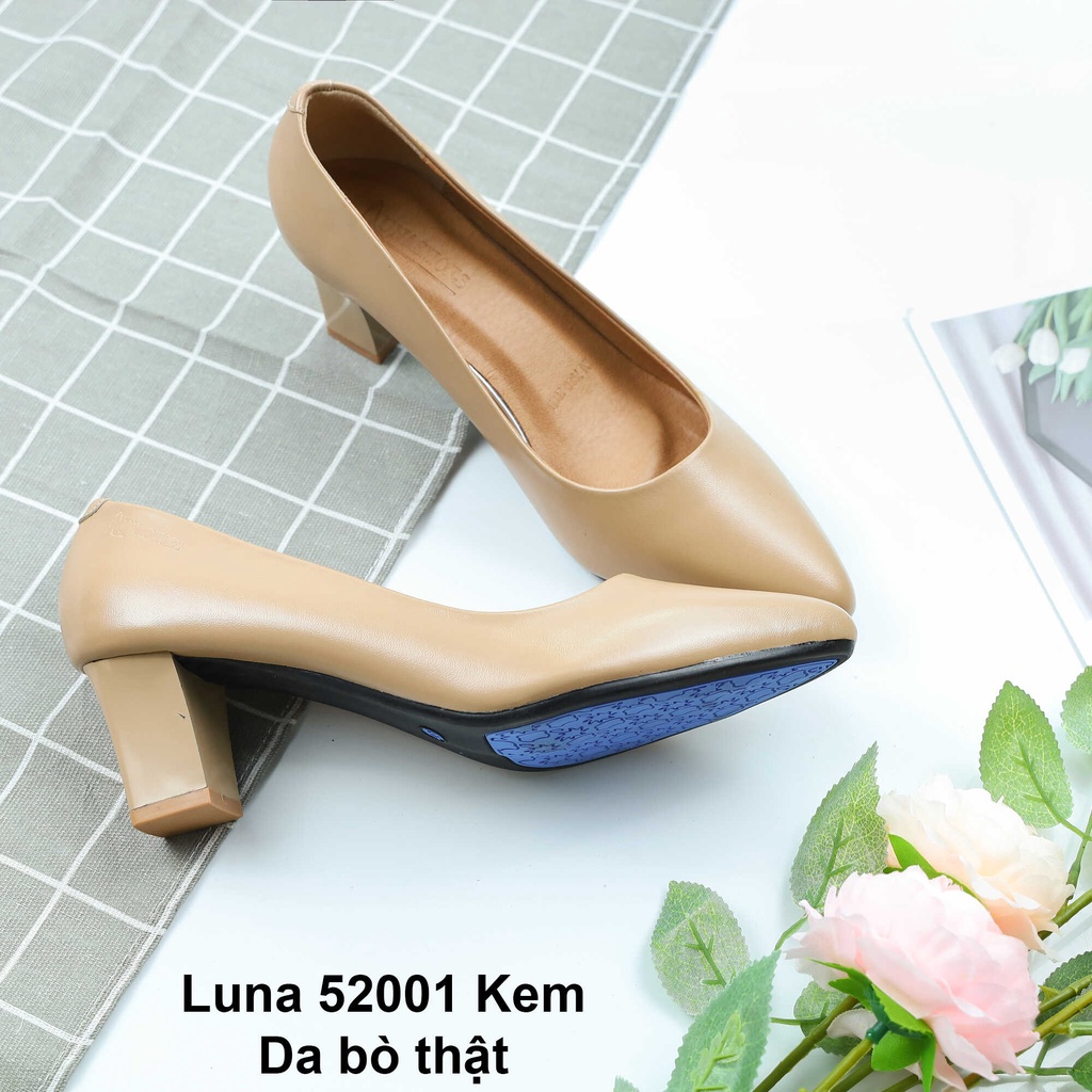 Giày cao gót nữ 5 phân LUNASHOES 52001 mũi nhọn gót vuông da bò mềm êm chân dễ phối đồ bảo hành 2 năm