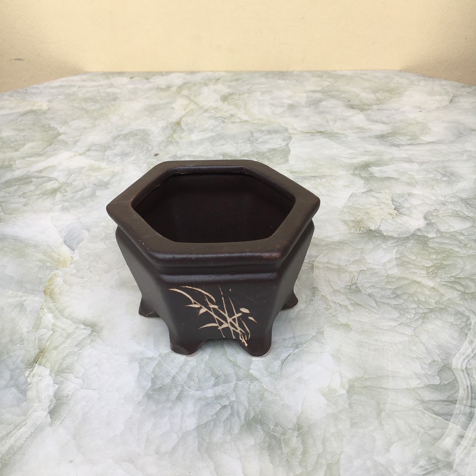Chậu bonsai Lục giác khắc mini đất nung gốm Bát tràng 1 size BM-130