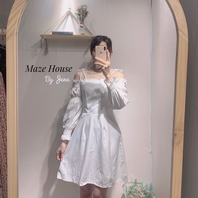 Váy bánh bèo trễ vai 💖 Hot Trend 💖 Đầm bánh bèo trễ vai 2 màu Đen, Trắng chất liệu kate mềm Korean Style Maze House