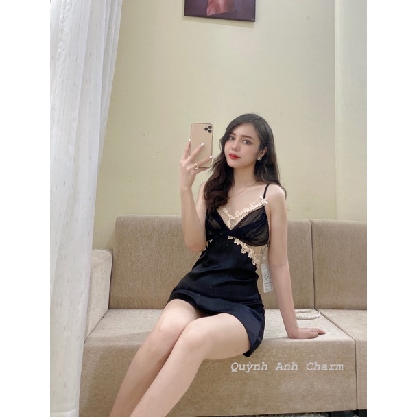 [FREESHIP] Váy ngủ sexy QCCC Váy ngủ lụa 2 dây quyến rũ nơ xoắn ngực (sẵn hàng)SP037